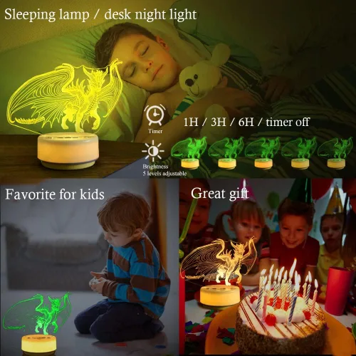 Miniatura 5 de Luz nocturna de dragón para niños, regalo de dragón para niños y adultos, lámpara de noche decorativa para dormitorio/oficina, 5 botones y control