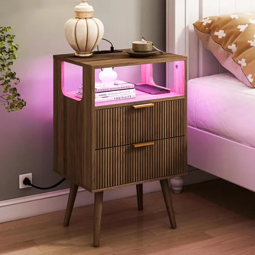 Miniatura 10 de JOONEE - Mesita de noche negra con estación de carga y luces LED, mesa de noche moderna con 2 cajones de almacenamiento y estante de madera abierto
