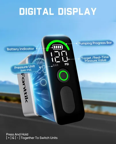 Miniatura 5 de Fanttik X10 Ace Tiny Mini bomba eléctrica para bicicleta, bomba de aire compacta de 120 PSI con válvula Presta y Schrader, bomba eléctrica