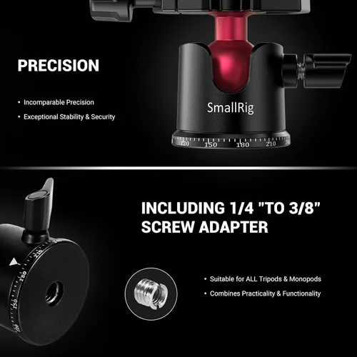 Miniatura 3 de SmallRig Mini Cabeza de Bola, Cabeza de Trípode para Cámara Panorámica 360° con Tornillo de 1/4" y Montaje de Rosca de 3/8" y Placa de Liberación