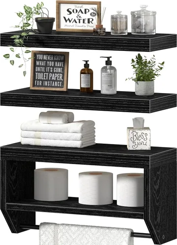 Estantes flotantes de baño QEEIG para pared - Estante sobre inodoro para almacenamiento de papel higiénico estilo granja 40.6 cm, juego de 3, negro
