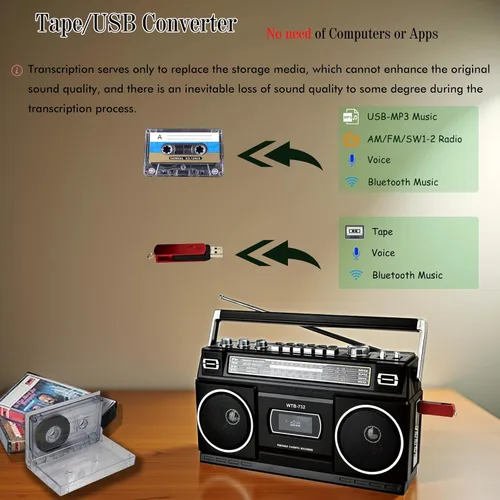 Miniatura 6 de Boombox portátil estilo retro clásico de los años 80 con reproductor grabador de casete, radio AM/FM/SW1/SW2, Bluetooth, ranuras USB/Micro SD