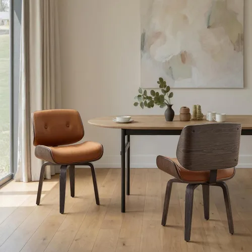 Miniatura 16 de Zouron Silla de comedor giratoria, silla de comedor tapizada de piel sintética con patas de madera, silla auxiliar moderna de mediados de siglo