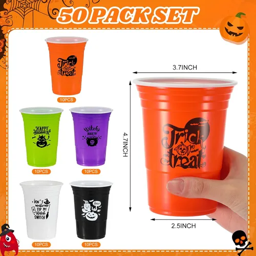 Miniatura 3 de Lallisa 50 vasos de plástico de Halloween de 16 onzas desechables para fiesta de Halloween, divertidos vasos de calabaza, fantasma, calavera, gato