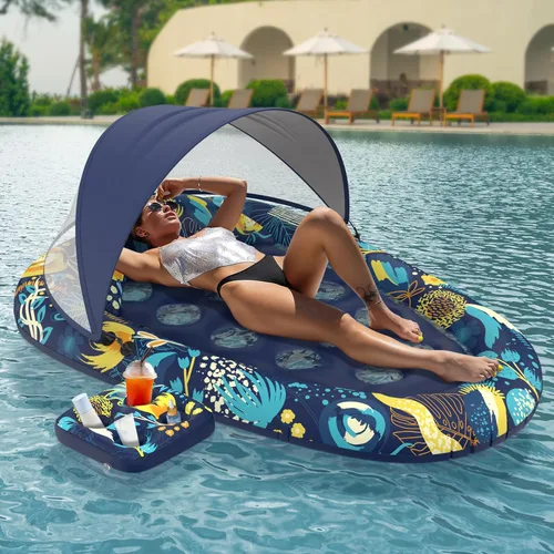 Sunikko X Flotadores de piscina 3 en 1 con soporte para toldo, flotadores grandes de 73 x 48 pulgadas para adultos, resistente, tumbona inflable con