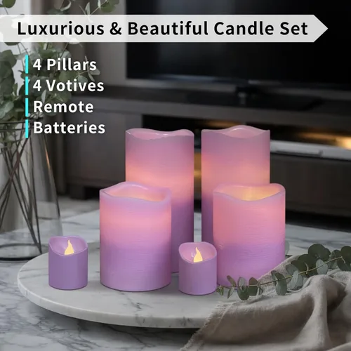 Miniatura 5 de FURORA LIGHTING Velas sin llama de cera real púrpura con control remoto y temporizador, 4 pilares y 4 votivas, paquete de 8, velas LED parpadeantes