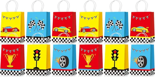 Miniatura 8 de Nezyo 24 bolsas de recuerdo de fiesta de auto de carreras, suministros de fiesta de cumpleaños, bolsas de regalo con asas para bandera a cuadros