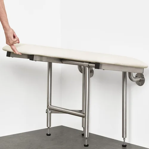 Miniatura 6 de Asiento de ducha plegable para diestros de 32 x 22.5 pulgadas, para montaje en pared, acolchado blanco, con patas, cumple con ADA