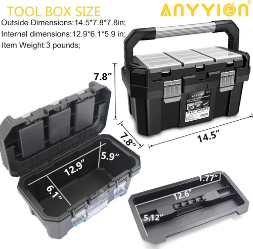 Miniatura 2 de Anyyion Caja de herramientas de 19 pulgadas con bandeja extraíble, verdaderamente fuerte y duradera para almacenamiento de manualidades, hogar