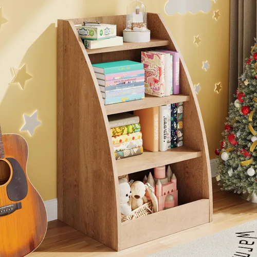 Miniatura 10 de Estantería para niños de 4 niveles, estante de 4 capas para habitaciones de niños, estantería de madera XXL para niños, estante de almacenamiento