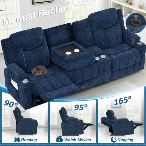 Miniatura 5 de Dresegmt Sofá reclinable, 2 vías multifunción manual de 3 plazas con portavasos, almacenamiento y puertos USB, moderno sofá multifuncional, sofá