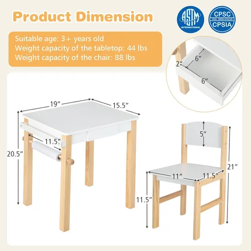 Miniatura 8 de HONEY JOY Juego de mesa y silla para niños, escritorio de madera y silla con cajón, portarollos de papel y 2 bolígrafos, juego de mesa de blanco 1