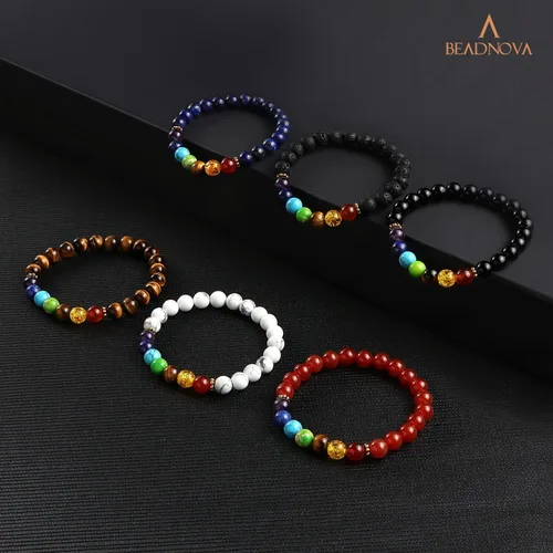 Miniatura 6 de Cuentas de ónix negro BEADNOVA con cuentas de cristal natural, piedras preciosas, redondas, sueltas, curativas de energía con cordón elástico de 01)