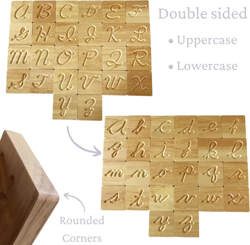 Miniatura 2 de Montessori - Rastreo del alfabeto de madera cursiva Rastreo de letras de aprendizaje preescolar Tarjetas ABC Mayúscula y minúscula de doble