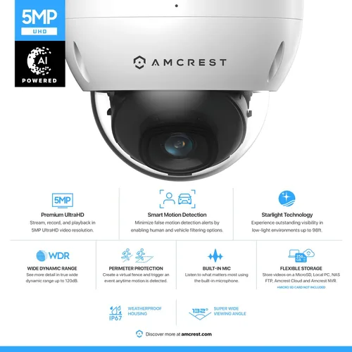 Miniatura 2 de Amcrest Cámara POE de 5 MP, Cámara de seguridad IP POE de domo antivandálico para exteriores, 5 megapíxeles, visión nocturna de 98 pies, lente