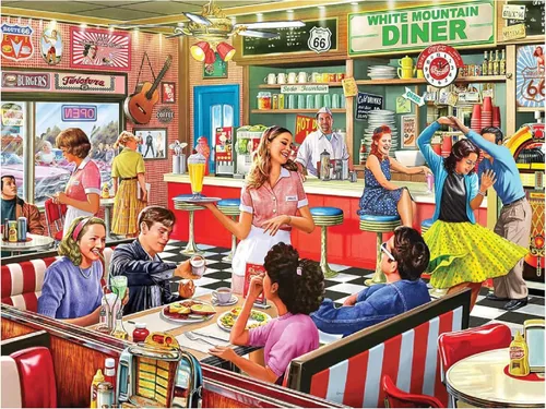 White Mountain Rompecabezas de 1000 piezas retro de los años 50 con piezas grandes para adultos y familia de 24 x 30 pulgadas - American Diner