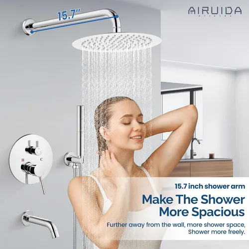 Miniatura 3 de Airuida Sistema de ducha con boquilla de bañera, cabezal de ducha redondo de 10 pulgadas con 2 funciones, ducha de mano, montaje en pared, juego