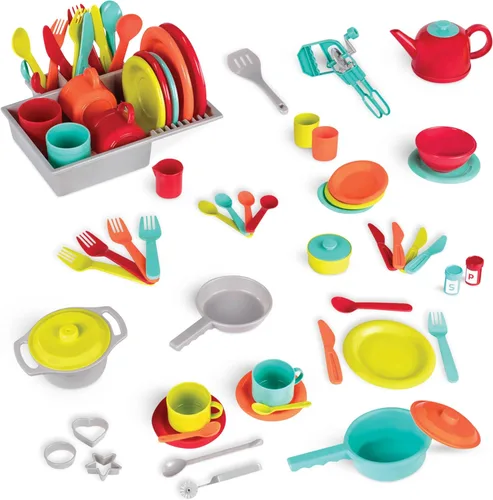 Battat 71 accesorios de cocina de simulación - 4 ajustes de mesa y cubiertos - Apto para lavavajillas y sin preocupaciones - 2 años + - Juego de