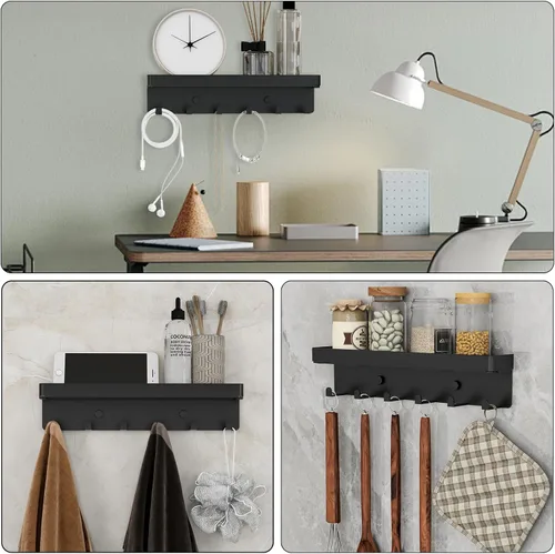 Miniatura 5 de Soporte para llaves de pared, organizador rústico de llaves y correo, 6 ganchos para llaves con estante, pequeño estante para llaves con bandeja