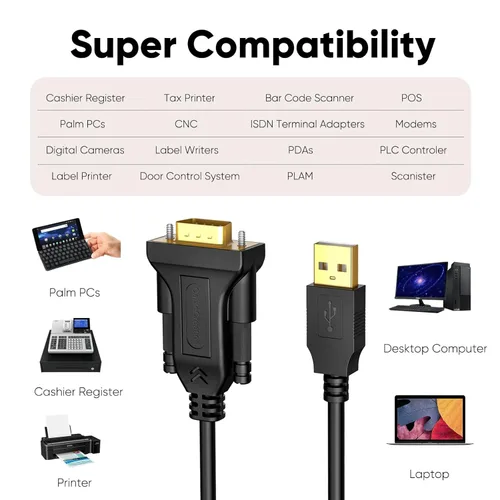 Miniatura 3 de CableCreation Adaptador USB a RS232 de 6.6 pies con chipset PL2303, chapado en oro, USB 2.0 a DB9, cable convertidor serial compatible con caja