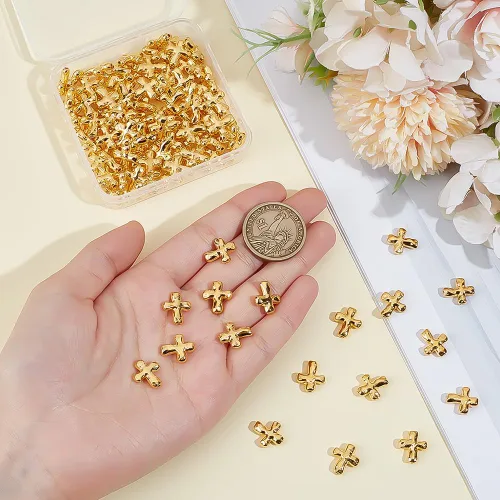 Miniatura 3 de 100 cuentas de cruz de metal dorado de aleación tibetana espaciadoras a granel de 0.551 x 0.492 x 0.157 in para hacer joyas, pulseras de vacaciones
