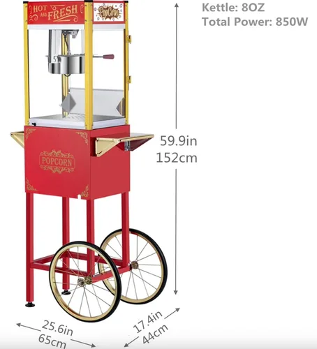 Miniatura 5 de Máquina de palomitas de maíz de 8 onzas con carrito – 3 galones por lote, estilo vintage profesional para hacer palomitas de maíz estilo teatro
