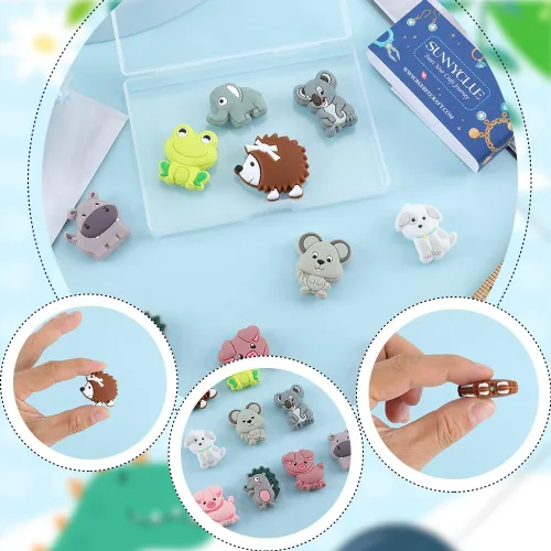 Miniatura 3 de SUNNYCLUE 1 caja de 10 estilos de cuentas de silicona de animales, lindas cuentas focales de silicona de doble cara, dijes de perro de rana, cerdo