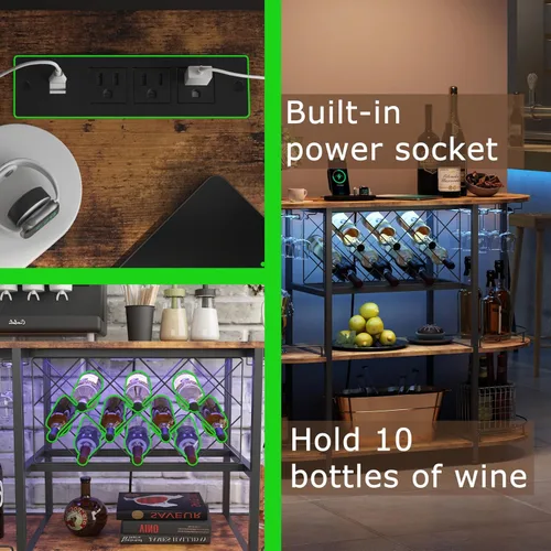 Miniatura 4 de ZOPEND Carro de Bar con Estante para Vino, Mesa con Enchufe de Energía y Luz LED, Mesa de Bar de Café de Tres Niveles, Estante de Vinos para Licores