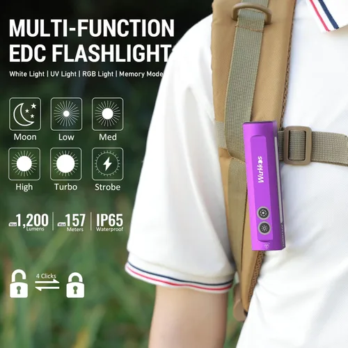 Miniatura 5 de Wurkkos HD01 Linterna UV, linterna EDC recargable, linterna LED con luz UV de 365 nm, linterna plana de 1200 lúmenes con RGB, luz de bolsillo