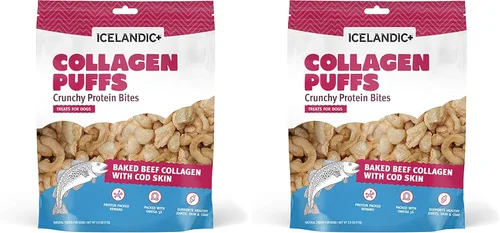 Icelandic+ Colágeno Puffs: Colágeno de carne al horno con piel de bacalao, 2.5 onzas, golosinas para perros medianos y grandes, bocadillos