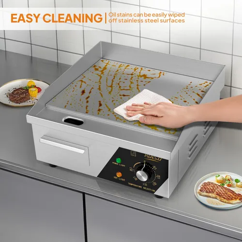 Miniatura 5 de Bonnlo Plancha comercial de 14 pulgadas y 1500 W con encimera de acero inoxidable, plancha plana, control de temperatura ajustable de 122-572 ℉