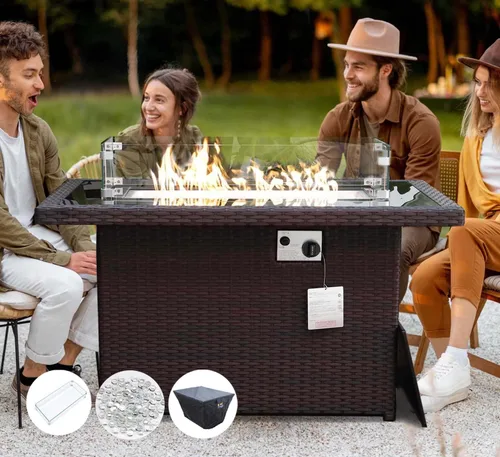 Miniatura 7 de NICESOUL Mesa de Hoguera de Mimbre para Exteriores de Gas Natural/Propano, Mesa de Hoguera Rectangular de 43'' para Exteriores, Mesas de Chimenea