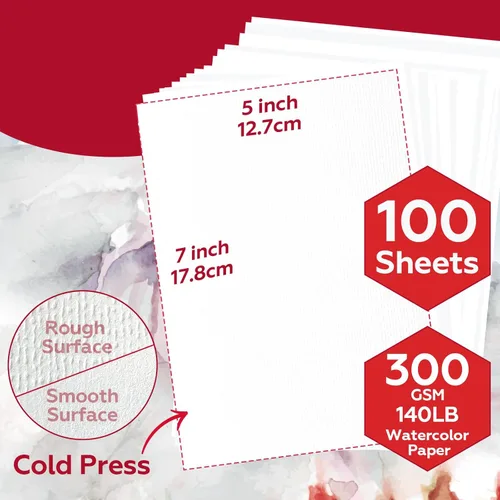 Miniatura 4 de 100 hojas de papel para acuarela a granel, papel de acuarela prensado en frío de 5 x 7 pulgadas 140 lb/300 g/m² para niños y adultos. Papel