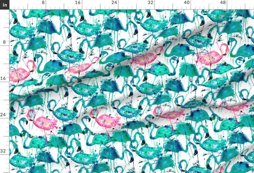 Miniatura 2 de Spoonflower Tela: verde azulado, rosa, flamencos, salpicaduras, acuarela, pájaros, verano, tropical, estampado en tela de gasa de cuarto grueso