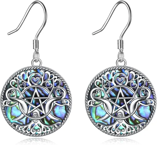 YFN Aretes de plata de ley con triple luna y pentagrama de pentáculo, amuleto mágico de Wicca pagana, joyería de árbol de la vida para mujer