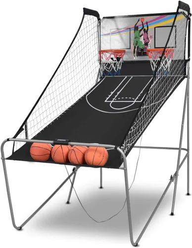 Miniatura 13 de Giantex Juego de arcade de baloncesto plegable, juego de arcade de baloncesto electrónico de doble disparo con 8 modos de juego, 4 bolas, 2 aros