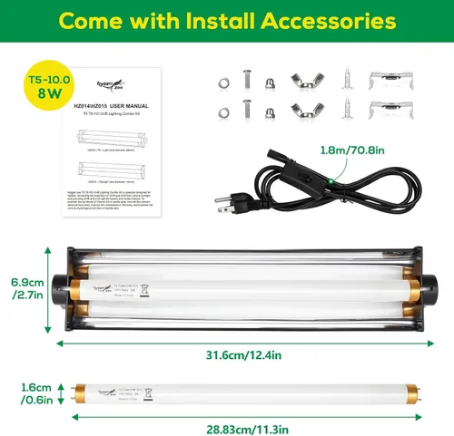 Miniatura 6 de T5 UVB - Kit combinado de iluminación de bombilla HO UVB, luz UVB 10.0 para reptiles, terrario, campana con barra de luz de reptiles de 8 W, lámpara