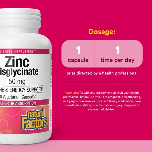Miniatura 3 de Natural Factors Bisglicinato de zinc 50 mg - Suplemento de zinc altamente absorbible - Apoyo inmunológico - Apoya la salud de la piel y el cabello