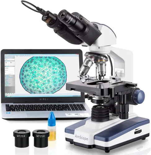 AmScope Serie B120 Microscopio compuesto binocular LED para estudiantes y profesionales - aumento 40X-2500X - Incluye cámara USB de 3MP y cabezal