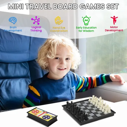 Miniatura 3 de Juego de mini juegos de viaje 5 en 1 con 4 tableros de ajedrez plegables y 5 juegos de piezas de ajedrez, damas magnéticas, ajedrez, ludo, reversi