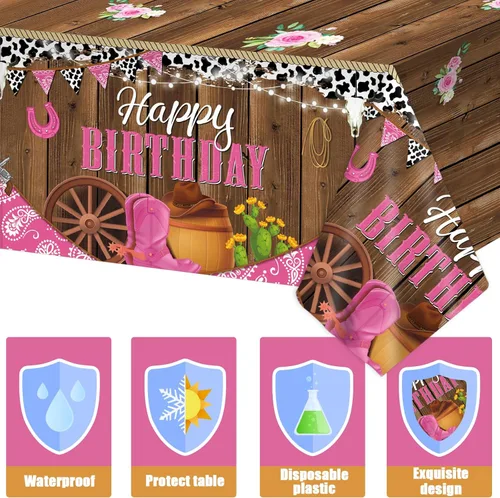 Miniatura 3 de Mantel para fiesta de cumpleaños de vaquera occidental, 3 piezas, 108 x 54 pulgadas, mantel de plástico con temática de vaquera, decoración