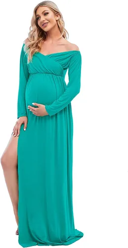 Miniatura 3 de ZIUMUDY Vestido de maternidad con hombros descubiertos para sesión de fotos, manga larga, abertura lateral, maxi vestido de baby shower