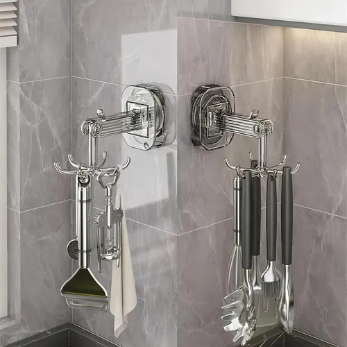 Miniatura 3 de Ganchos colgantes para utensilios de cocina, colgador de pared, gancho plegable giratorio de 360°, gancho de ventosa fuerte, estante para utensilios