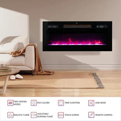 Miniatura 7 de Chimenea eléctrica de 30 pulgadas, calentador de chimenea empotrado y montado en la pared con llama LED de 12 colores, panel de vidrio templado