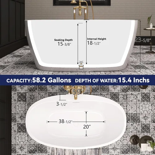 Miniatura 4 de Bañera independiente de acrílico de 59", bañera independiente, bañera independiente, bañera de remojo, certificado cUPC, YL (blanco brillante)