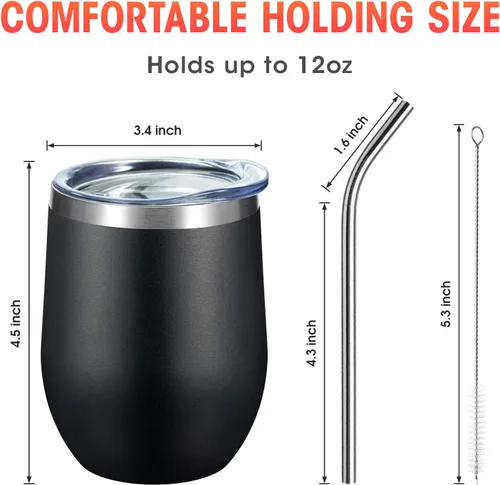 Miniatura 3 de COMOOO - Vaso de vino de acero inoxidable de 12 oz con tapa y popote, vaso de vino aislado al vacío de doble pared, vaso de vino sin tallo para Negro