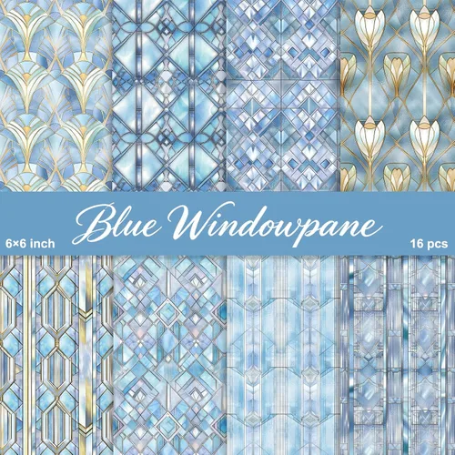 PRSTINCOL Papel para álbum de recortes, 16 hojas de 6 x 6 pulgadas, suministros de álbum de recortes de estilo de ventana azul, papel de decoupage