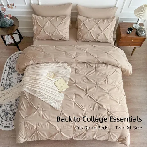 Miniatura 2 de Maple&Stone Juego de Edredón Twin XL, Juegos de Ropa de Cama Extra Largos de 5 Piezas para Dormitorio, Cama en una Bolsa con Edredón Pintuck, Beige