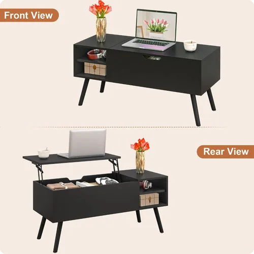 Miniatura 7 de Aline Furniture - Mesa de centro negra con superficie que se levanta y compartimento de almacenamiento oculto, patas de madera maciza y estantes