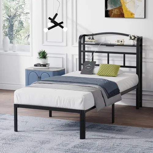 Miniatura 6 de SHOANED Base de cama de metal de 14 pulgadas, base de colchón básica de plataforma resistente de color negro con cabecera y estación de carga,